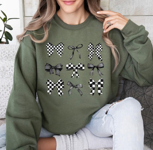 Checkered Bow Sticker Olive Crewneck Sweater