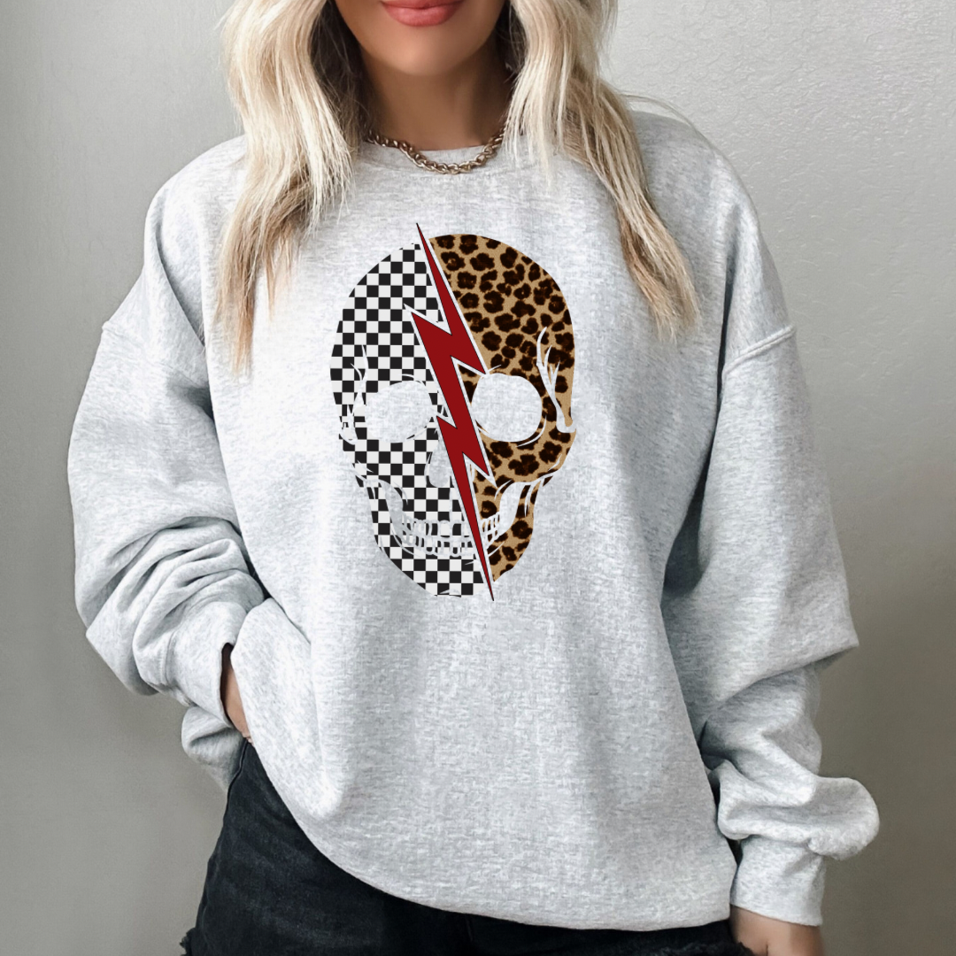 Checkered Leopard Skull Ash Crewneck Sweater