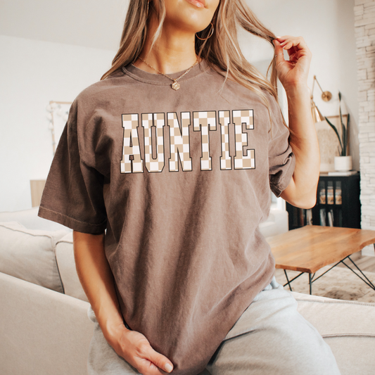 Auntie Checker Espresso Comfort Color TEE || *MADE TO ORDER*