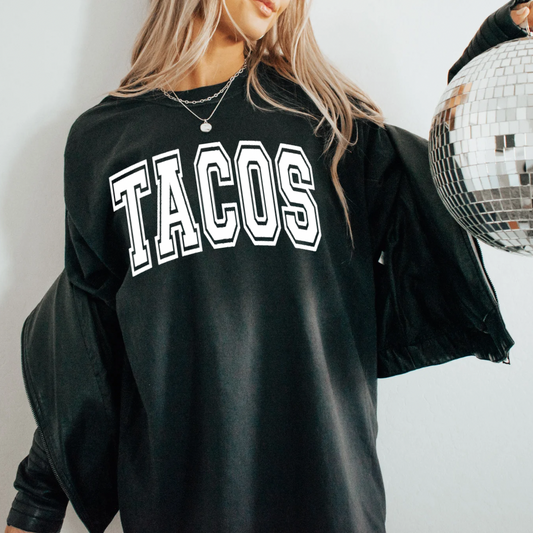 Tacos Varsity BLACK TEE || *MADE TO ORDER*