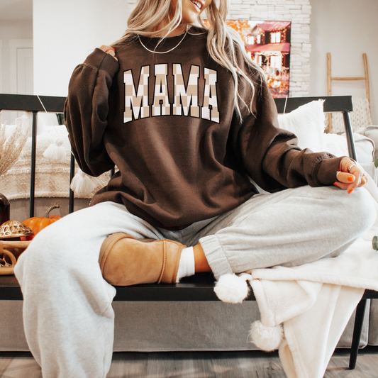 Mama Checkered Varsity Brown Crewneck Sweater