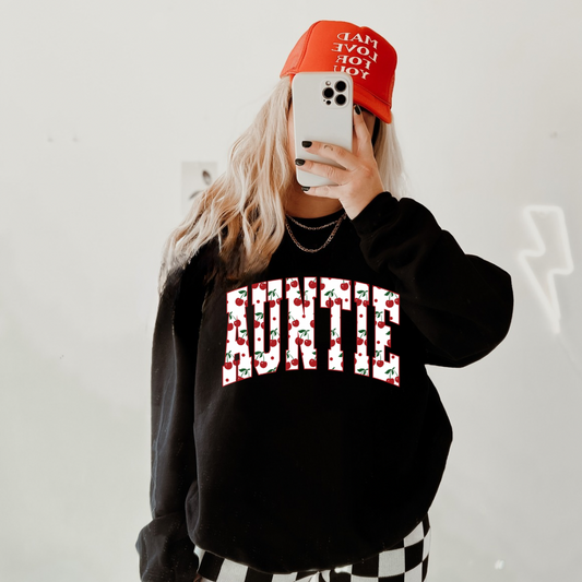 Cherry Auntie Varsity Black Crewneck Sweater